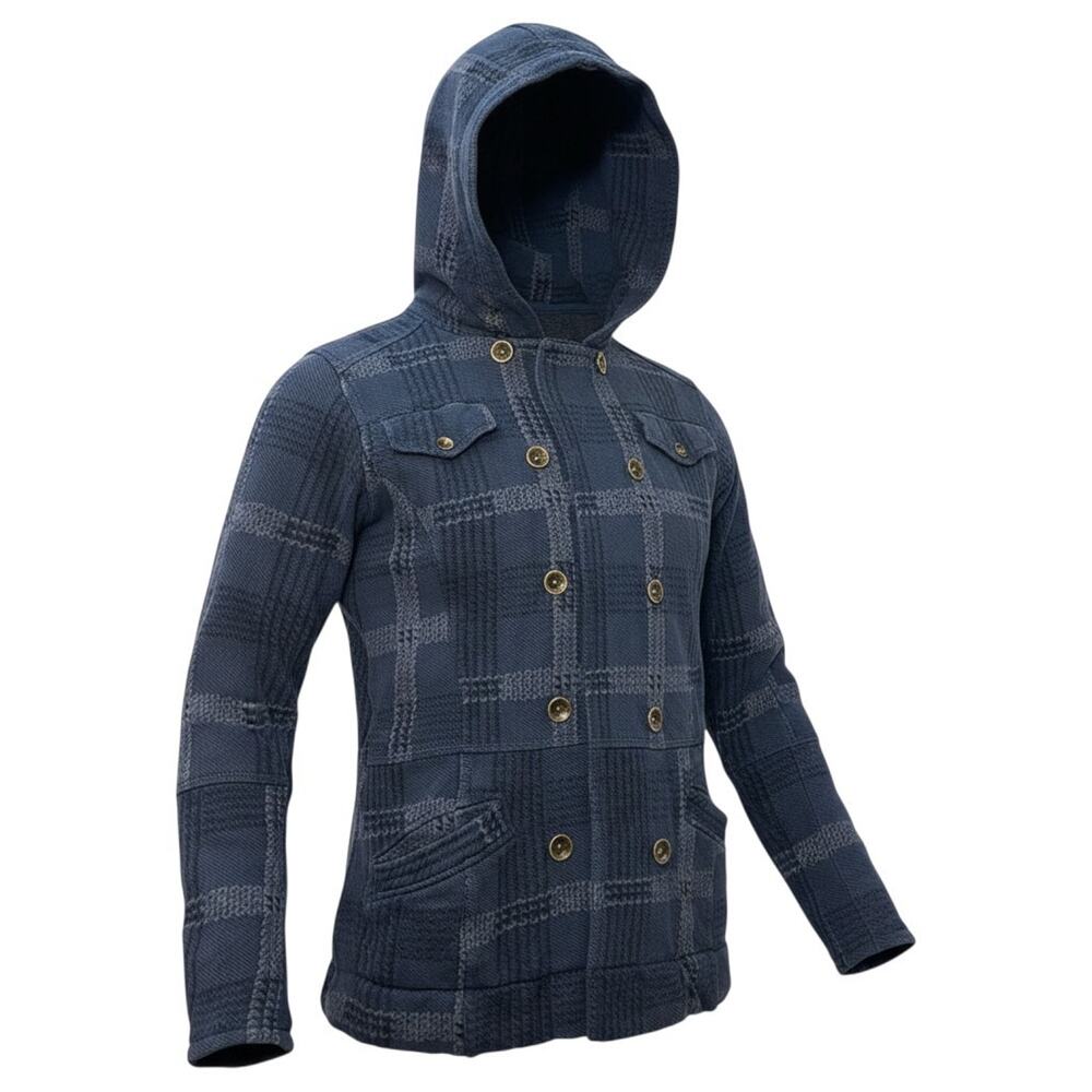 Hurley Womens XS Plaid Hooded Jacket Blue Gray Double Breasted